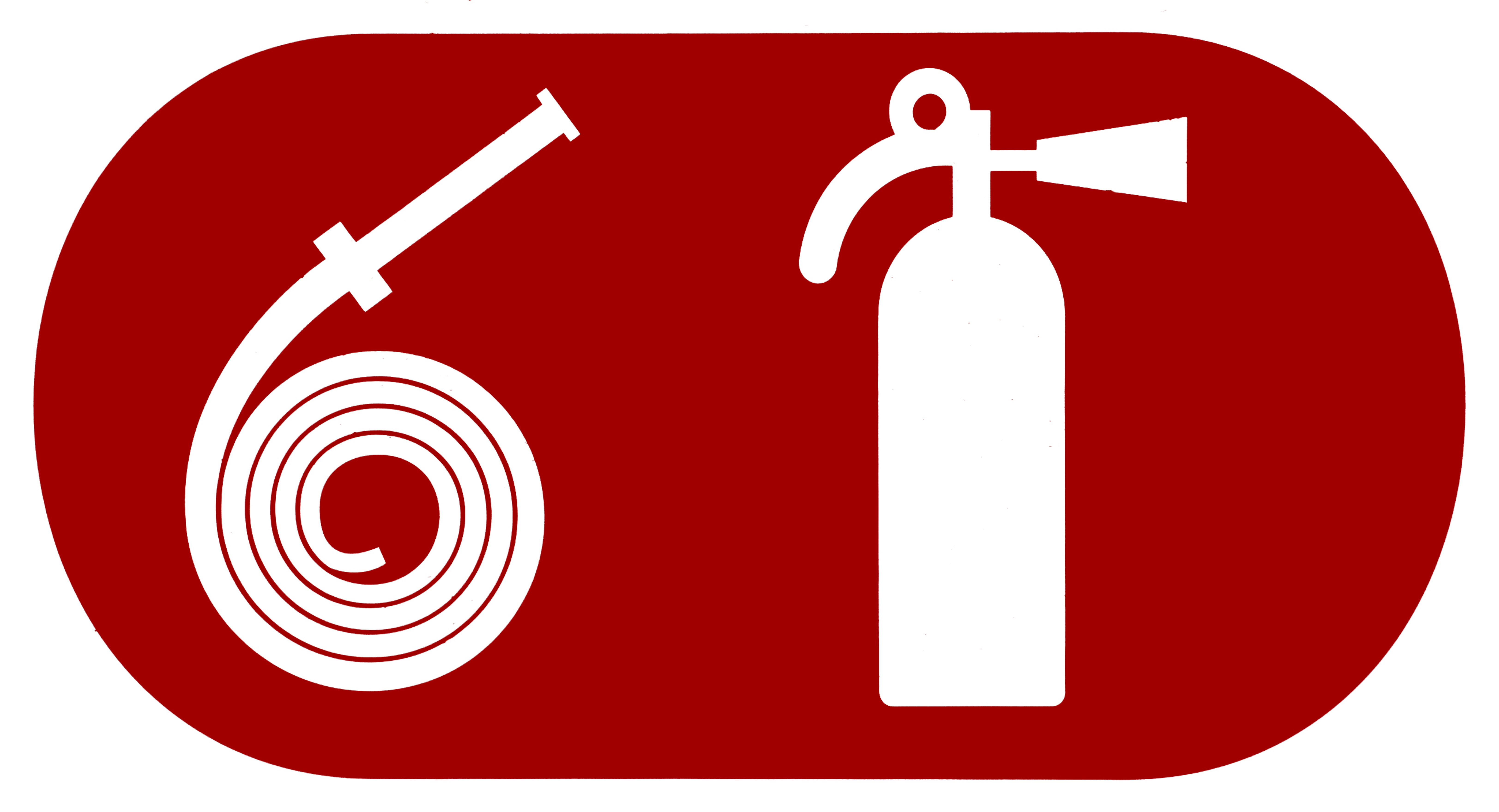 Pictogramas de uma mangueira e um extintor de incêndios brancos em um fundo vermelho