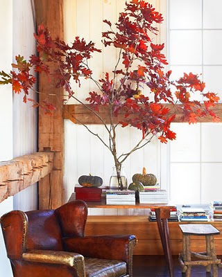 Canto de cômodo decorado com poltrona, mesinha lateral, banco, livors, revistas, peso de papel e árvore com folhas vermelhas.