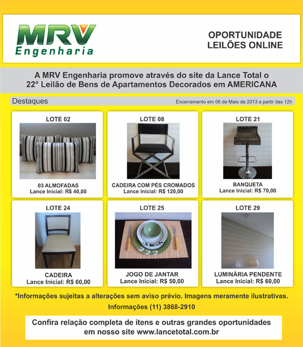 Flyer de divulgação de obejtos de leilão da MRV, apresentando cadeiras, banco, almofadas, luminárias e jogo de jantar.