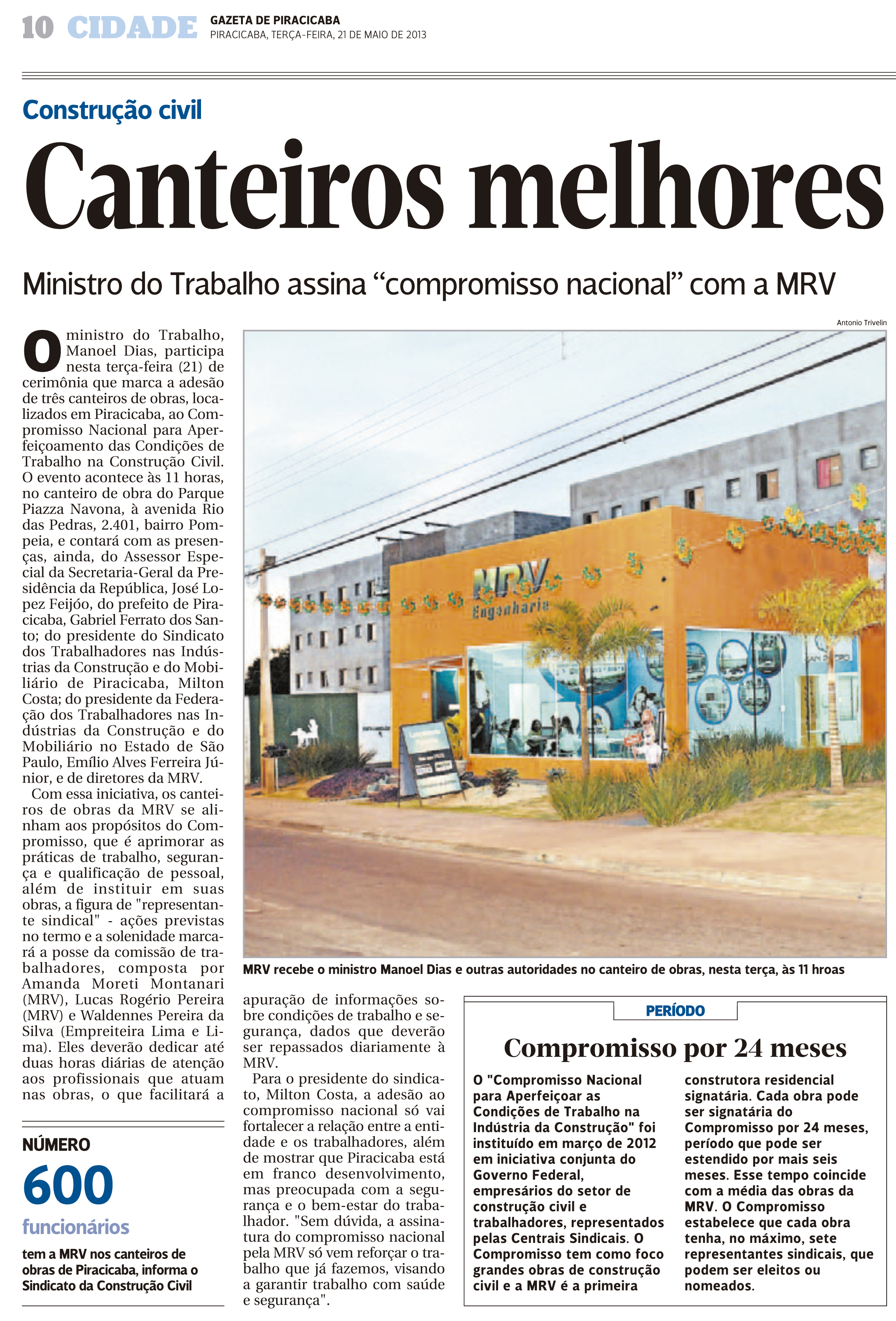 Jornal Gazeta de Piracicaba com o título Canteiros Melhores, com uma imagem de um condomínio em construção e uma loja da MRV 