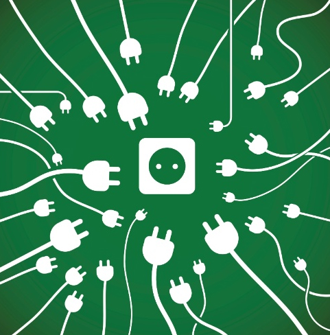 Tomada ilustrativa representada em um fundo verde rodeada por inúmeros fios de conectores de tamanhos distintos.