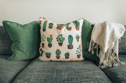 Sofá cinza com almofadas com estampa de cactus e manta de tricô