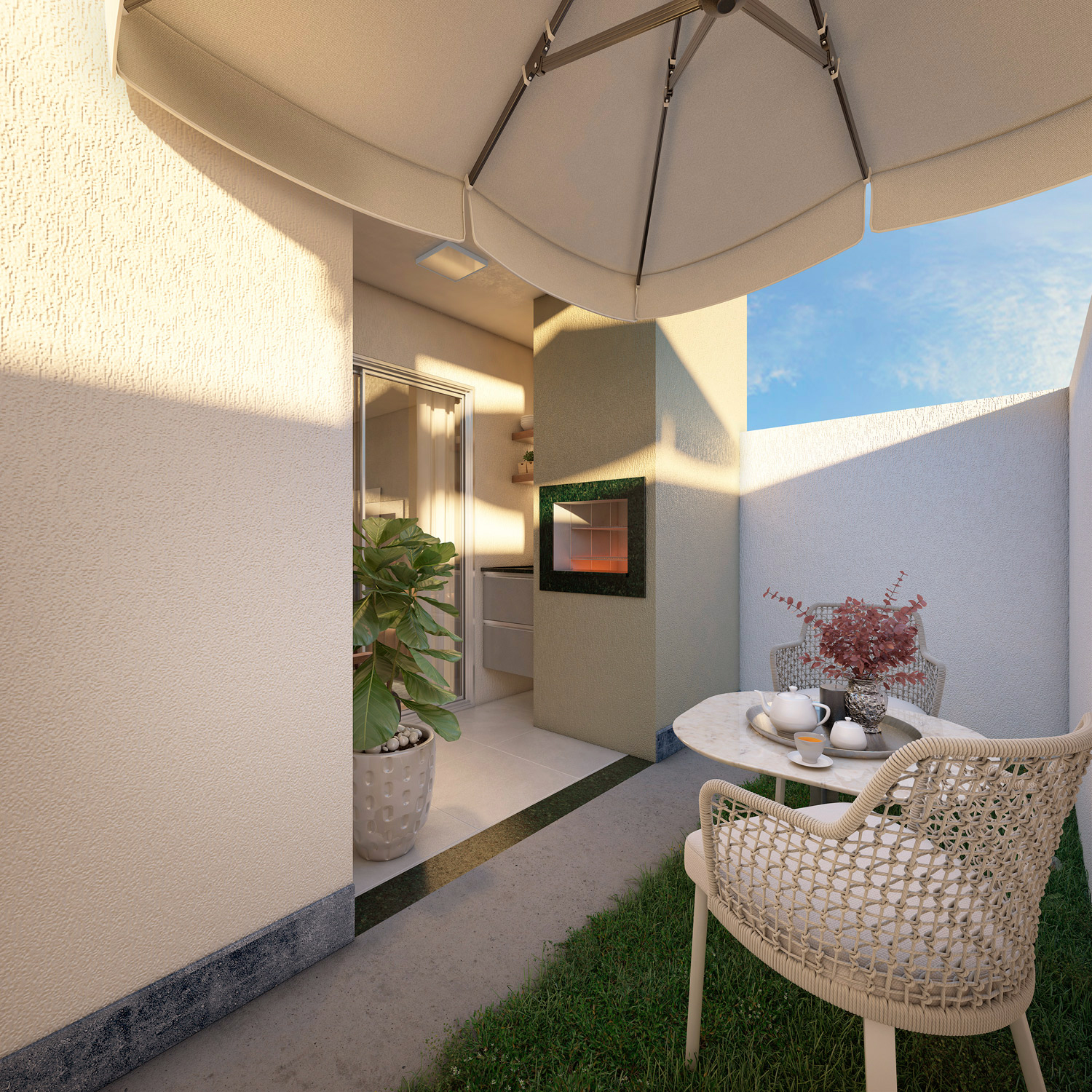 Área privativa de um apartamento da MRV com paredes bege, com uma mesa e cadeira embaixo de um guarda-sol e uma churrasqueira